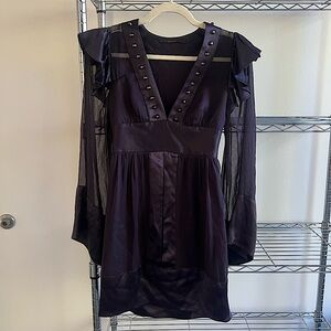 ERICA DAVIES WOMENS LONG SLEEVE SILK MINI DRESS, SIZE US 4, DARK PURPLE